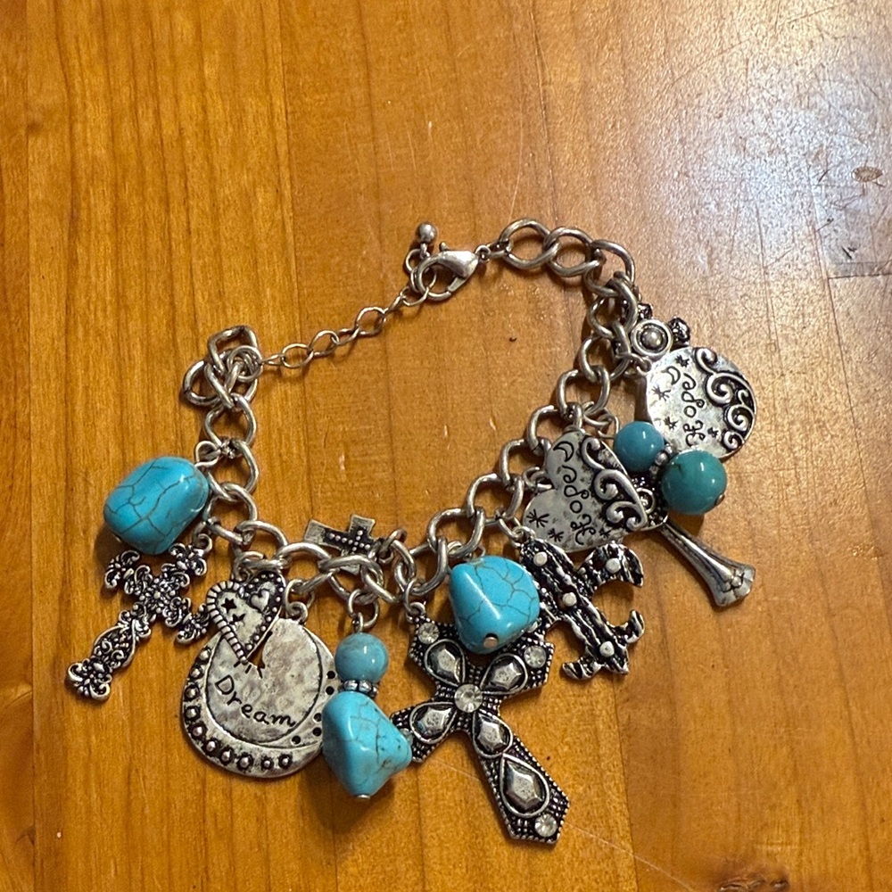 Silver Charm Bracelet with Turquoise Accents